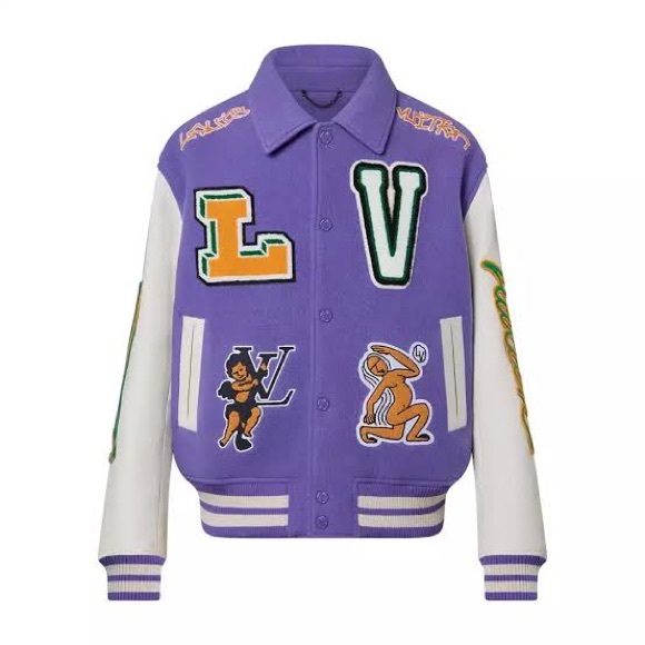 Multi Patch  LV Purple Leather Varsity jacket - Picture 5 of 5